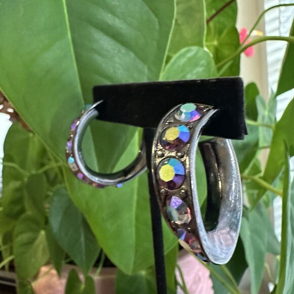 YSL Vintage Aurora Borealis Curved Hoop Earrings Crystal Rhinestone Signed 80s - Picture 10 of 16